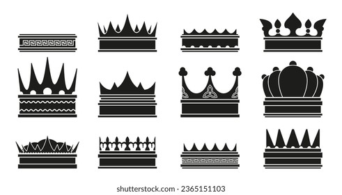 Black king crown. Medieval nobleman ranking emblem silhouette, luxury monarchy insignia, success and victory award. Vector isolated set. Coronation royalty symbol for prince and princess