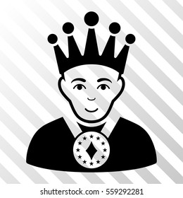 Black King interface icon. Vector pictograph style is a flat symbol on diagonal hatch transparent background.