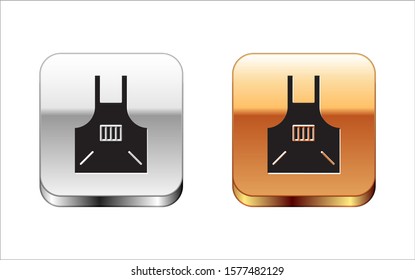 Black Kitchen apron icon isolated on white background. Chef uniform for cooking. Silver-gold square button. Vector Illustration