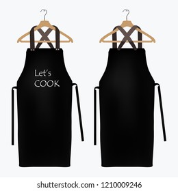 Black kitchen apron on hanger front and back view . Chef uniform for cooking vector template. Kitchen protective black apron for chef uniform illustration