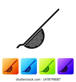 Black Kitchen colander icon isolated on white background. Cooking utensil. Cutlery sign. Set icon in color square buttons. Vector Illustration