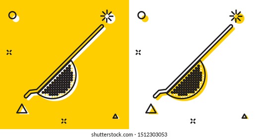 Black Kitchen colander icon isolated on yellow and white background. Cooking utensil. Cutlery sign. Random dynamic shapes. Vector Illustration