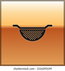 Black Kitchen colander icon isolated on gold background. Cooking utensil. Cutlery sign.  Vector Illustration
