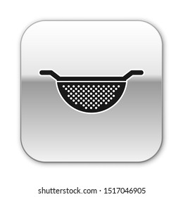 Black Kitchen colander icon isolated on white background. Cooking utensil. Cutlery sign. Silver square button. Vector Illustration