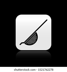 Black Kitchen colander icon isolated on black background. Cooking utensil. Cutlery sign. Silver square button. Vector Illustration