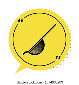 Black Kitchen colander icon isolated on white background. Cooking utensil. Cutlery sign. Yellow speech bubble symbol. Vector Illustration