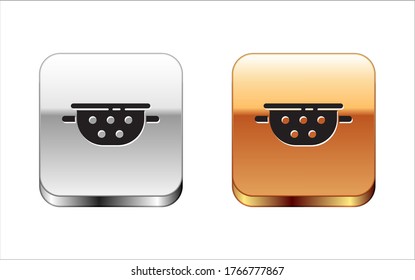 Black Kitchen colander icon isolated on white background. Cooking utensil. Cutlery sign. Silver-gold square button. Vector