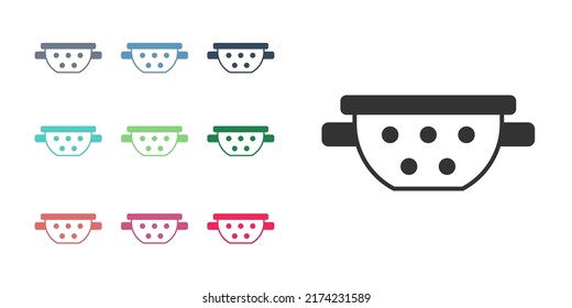 Icono del colador de la cocina negra aislado en fondo blanco. Utensil de cocina. Cartel de cuchillería. Indique los iconos en colores. Vector