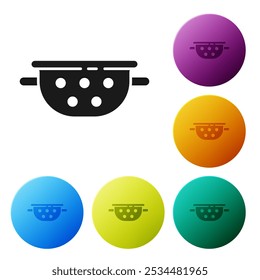 Black Kitchen colander icon isolated on white background. Cooking utensil. Cutlery sign. Set icons in color circle buttons. Vector