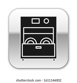 Black Kitchen dishwasher machine icon isolated on white background. Silver square button. Vector Illustration