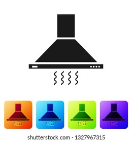 Black Kitchen extractor fan icon isolated on white background. Cooker hood. Kitchen exhaust. Household appliance. Set icon in color square buttons. Vector Illustration