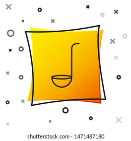 Black Kitchen ladle icon isolated on white background. Cooking utensil. Cutlery spoon sign. Yellow square button. Vector Illustration