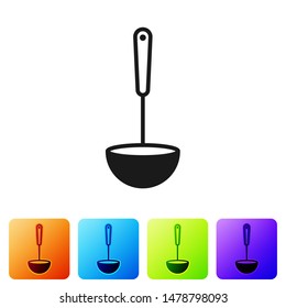 Black Kitchen ladle icon isolated on white background. Cooking utensil. Cutlery spoon sign. Set icon in color square buttons. Vector Illustration