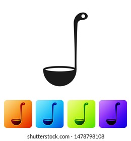 Black Kitchen ladle icon isolated on white background. Cooking utensil. Cutlery spoon sign. Set icon in color square buttons. Vector Illustration