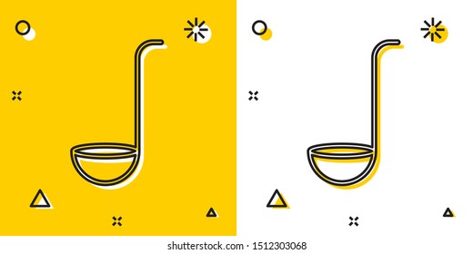 Black Kitchen ladle icon isolated on yellow and white background. Cooking utensil. Cutlery spoon sign. Random dynamic shapes. Vector Illustration