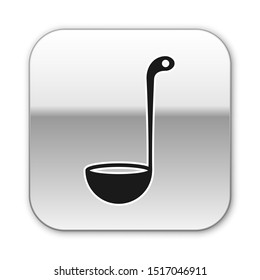 Black Kitchen ladle icon isolated on white background. Cooking utensil. Cutlery spoon sign. Silver square button. Vector Illustration