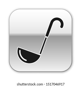 Black Kitchen ladle icon isolated on white background. Cooking utensil. Cutlery spoon sign. Silver square button. Vector Illustration