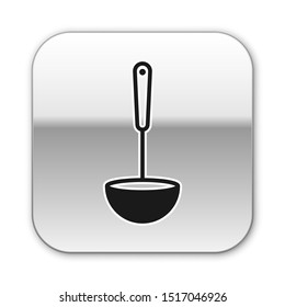 Black Kitchen ladle icon isolated on white background. Cooking utensil. Cutlery spoon sign. Silver square button. Vector Illustration