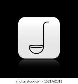 Black Kitchen ladle icon isolated on black background. Cooking utensil. Cutlery spoon sign. Silver square button. Vector Illustration
