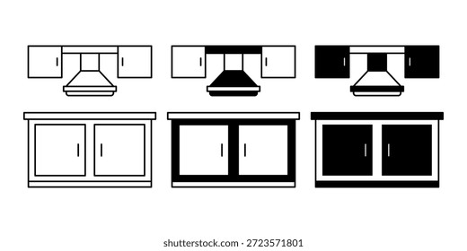 Pacote de ícone de armário de prateleira de cozinha preta ilustrando móveis de armazenamento para organização de cozinha e conceitos de design de interiores. Adequado para casa e estilo de vida visuais.