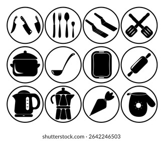 Ícones de utensílio de cozinha preto definidos em molduras redondas. Inclui facas, talheres, espátulas, pote, concha, bandeja, rolo, chaleira, maconha de moka, saco de tubulação e luva de forno. Design de silhueta simples.