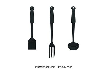Black Kitchen Utensil with Ladle and Serving Fork Vector Set