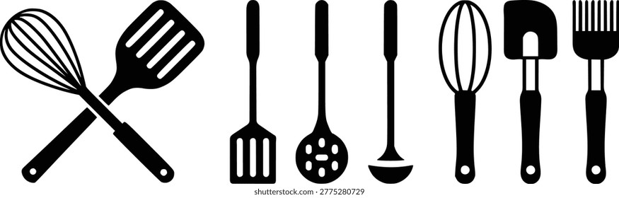 Black kitchen utensils icons set for cooking and baking