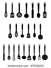 Black kitchen utensils isolated, vector