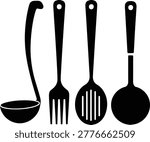 Black kitchen utensils set including ladle, fork, slotted spoon, and serving spoon