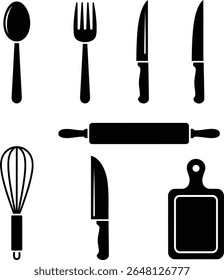 Black Kitchen Utensils Silhouettes – Spoon, Fork, Knives, Whisk, Rolling Pin, Cutting Board Icons