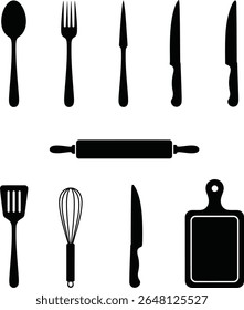 Silhuetas de utensílios e ferramentas de cozinha preta - colher, garfo, facas, rolo pino, espátula, uísque, ícones da placa de corte
