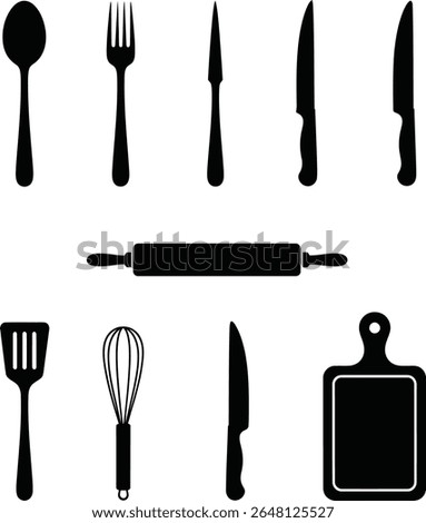 Black Kitchen Utensils and Tools Silhouettes – Spoon, Fork, Knives, Rolling Pin, Spatula, Whisk, Cutting Board Icons