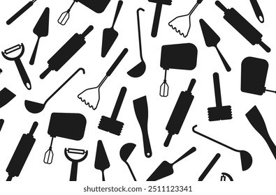 Black kitchen utensils vector background.
