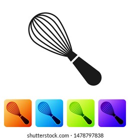 Black Kitchen whisk icon isolated on white background. Cooking utensil, egg beater. Cutlery sign. Food mix symbol. Set icon in color square buttons. Vector Illustration