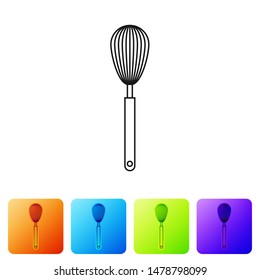 Black Kitchen whisk icon isolated on white background. Cooking utensil, egg beater. Cutlery sign. Food mix symbol. Set icon in color square buttons. Vector Illustration