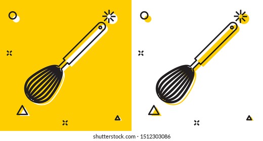 Black Kitchen whisk icon isolated on yellow and white background. Cooking utensil, egg beater. Cutlery sign. Food mix symbol. Random dynamic shapes. Vector Illustration