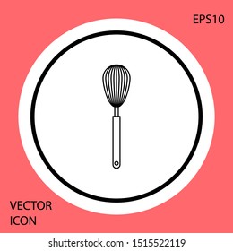 Black Kitchen whisk icon isolated on red background. Cooking utensil, egg beater. Cutlery sign. Food mix symbol. White circle button. Vector Illustration
