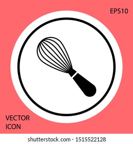 Black Kitchen whisk icon isolated on red background. Cooking utensil, egg beater. Cutlery sign. Food mix symbol. White circle button. Vector Illustration