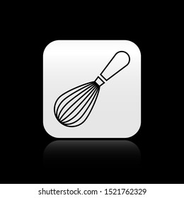 Black Kitchen whisk icon isolated on black background. Cooking utensil, egg beater. Cutlery sign. Food mix symbol. Silver square button. Vector Illustration