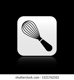 Black Kitchen whisk icon isolated on black background. Cooking utensil, egg beater. Cutlery sign. Food mix symbol. Silver square button. Vector Illustration