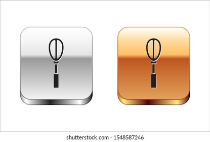 Black Kitchen whisk icon isolated on white background. Cooking utensil, egg beater. Cutlery sign. Food mix symbol. Silver-gold square button. Vector Illustration