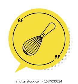 Black Kitchen whisk icon isolated on white background. Cooking utensil, egg beater. Cutlery sign. Food mix symbol. Yellow speech bubble symbol. Vector Illustration