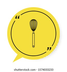Black Kitchen whisk icon isolated on white background. Cooking utensil, egg beater. Cutlery sign. Food mix symbol. Yellow speech bubble symbol. Vector Illustration