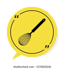 Black Kitchen whisk icon isolated on white background. Cooking utensil, egg beater. Cutlery sign. Food mix symbol. Yellow speech bubble symbol. Vector Illustration