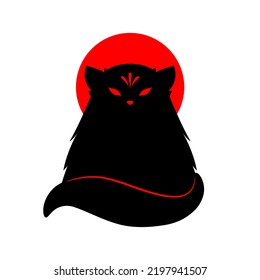 Black kitsune fox with red circle sun cute anime japanese style flat vector icon logo design.