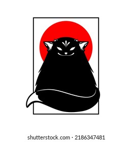 Black kitsune fox in square frame with red circle cute anime japanese style flat vector icon design.
