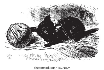 The black kitten with a ball of twine, Through the looking glass and what Alice found there book engraving. The kitten has a ball of wool or a ball of string.