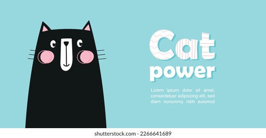 Black kitten banner. Cat power concept. Funny cute animal and pet, mammal. Design element for invitation and greeting postcard. Notebook sticker print template. Cartoon flat vector illustration