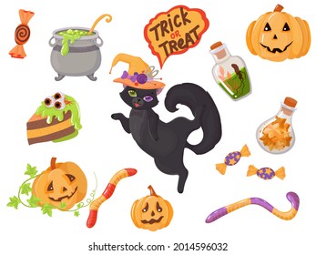 Black kitten. Candy, costumes, magical and creepy items. A large set of Elements for the celebration of Halloween. Vector illustration isolated on white background.