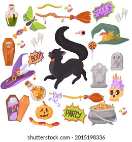 Black kitten. Candy, costumes, magical and creepy items. A large set of Elements for the celebration of Halloween. Vector illustration isolated on white background.